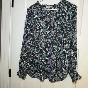 Loft Outlet Women’s Long Sleeve Floral Blue Grey Blouse Size Large